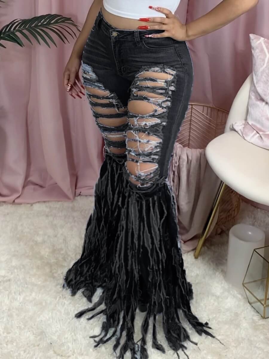 

LW Street Broken Holes Tassel Design Black Jeans
