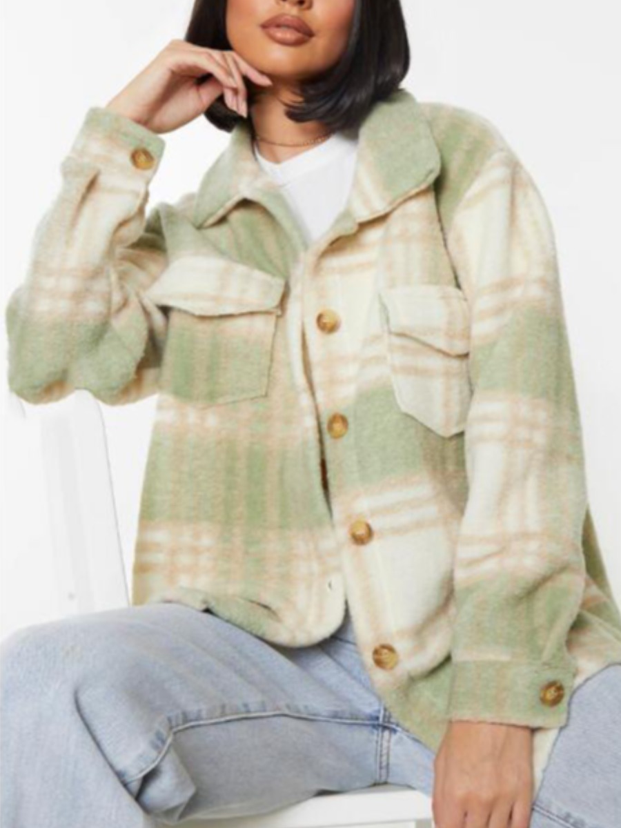 

lovely Stylish Turndown Collar Grid Print Green Wool