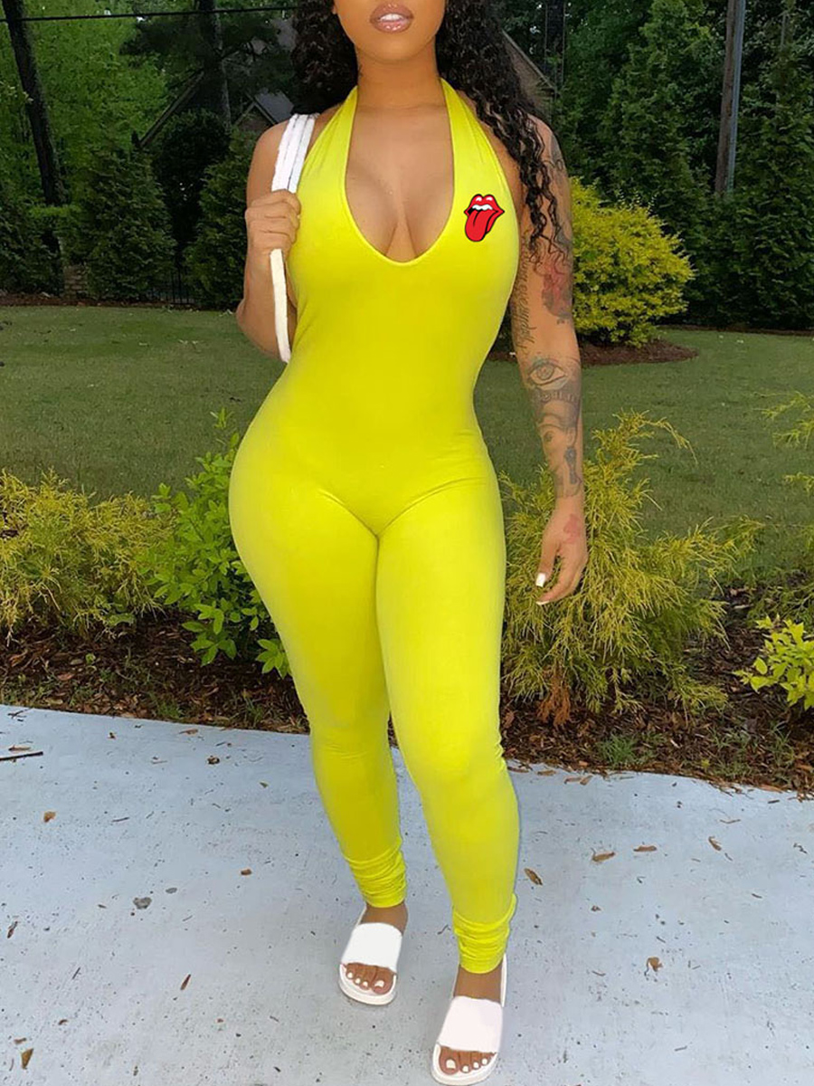 

Lovely Sportswear Cross-over Design Skinny Yellow One-piece Jumpsuit