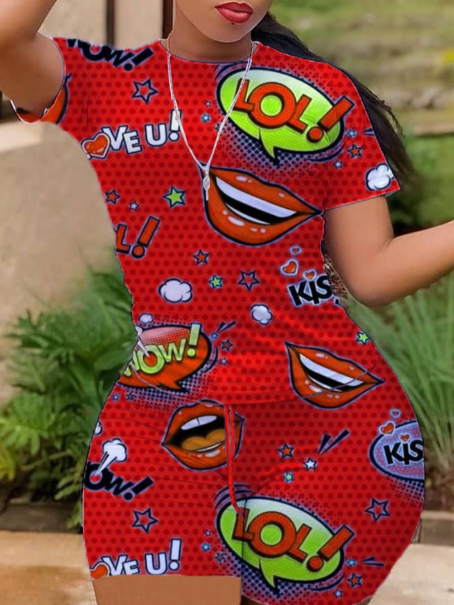 

LW Leisure O Neck Lip Print Red Two Piece Shorts Set