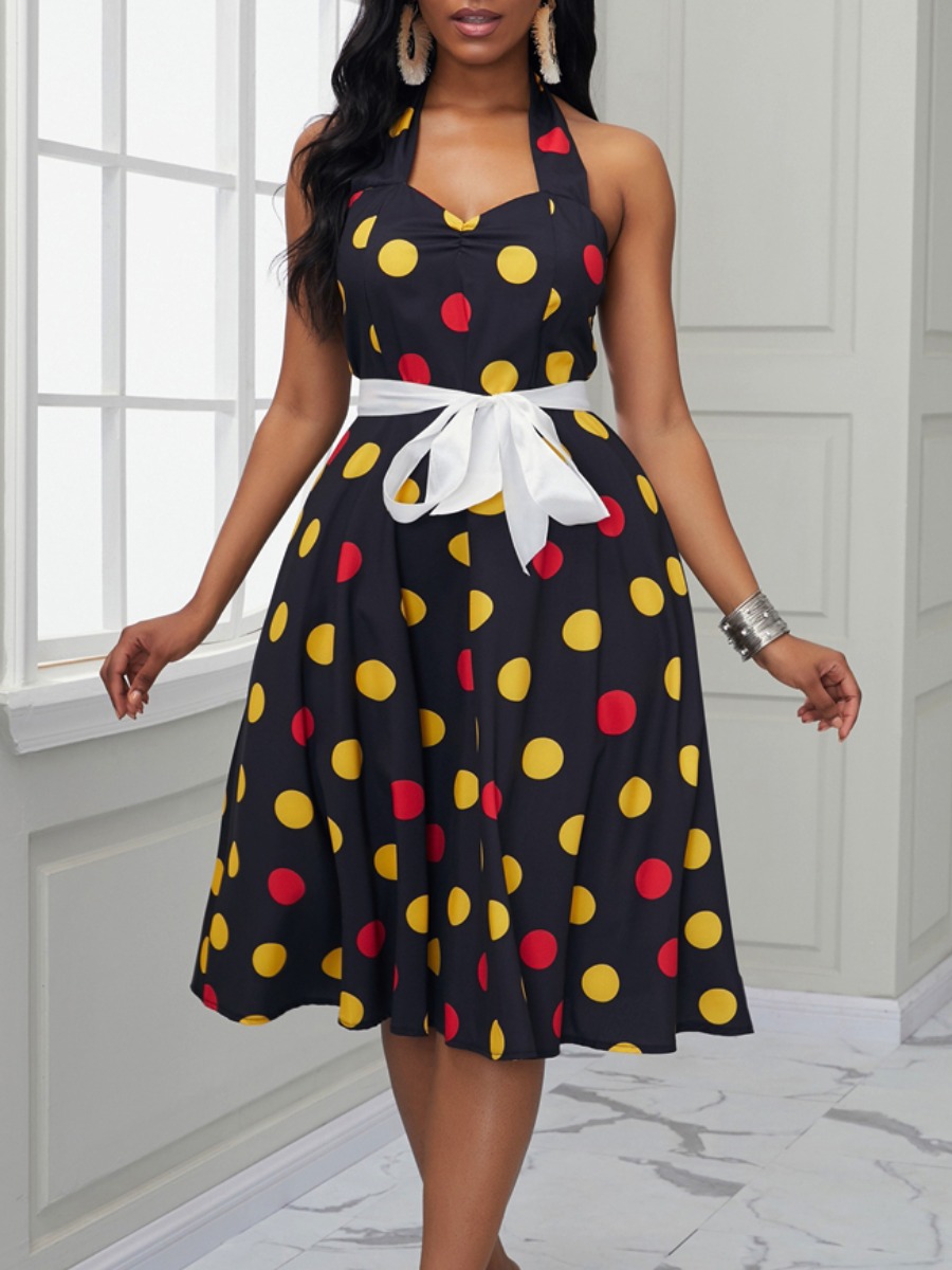 

lovely Trendy Backless Dot Print Black Knee Length Dress