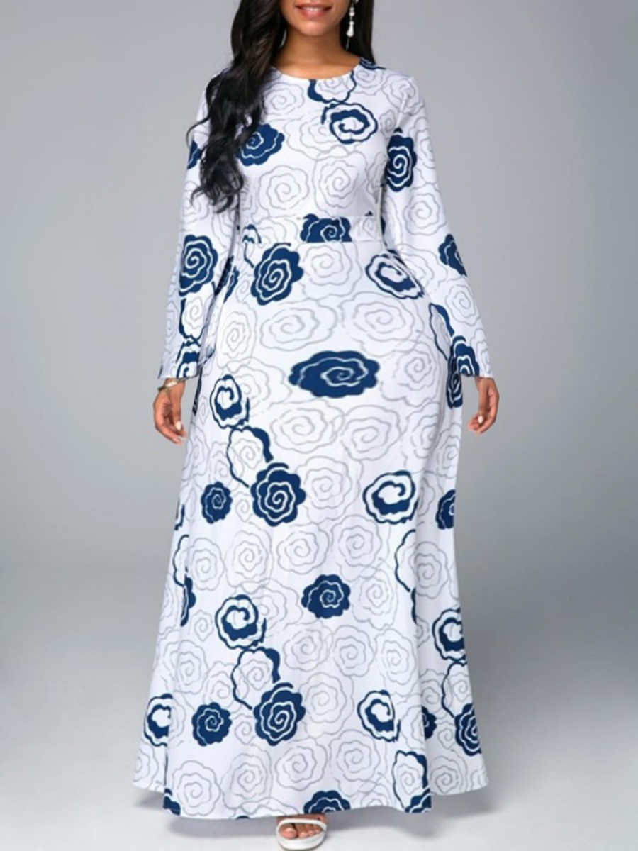 

lovely Casual O Neck Print Blue Ankle Length Plus Size Dress