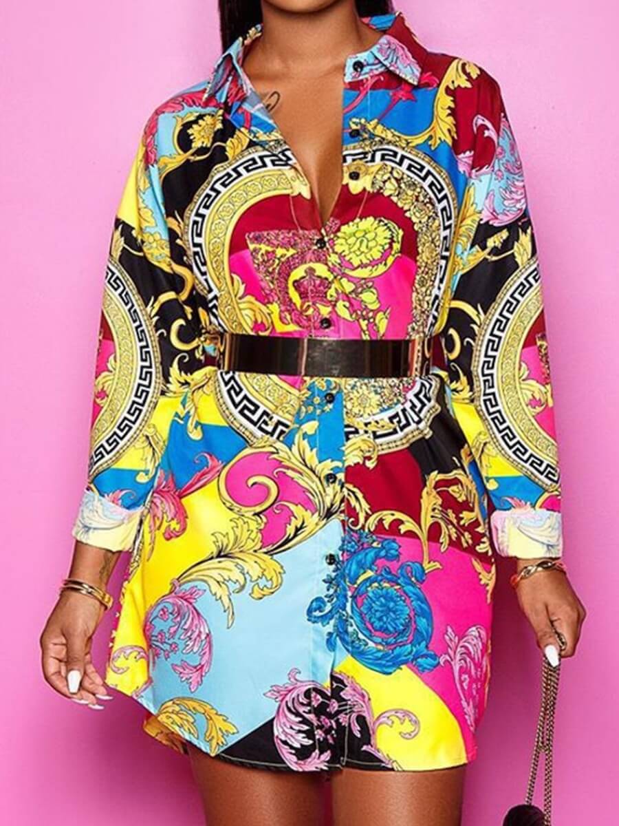 

LW BASICS Street Turndown Collar Versace Print Multicolor Blouse, Multi