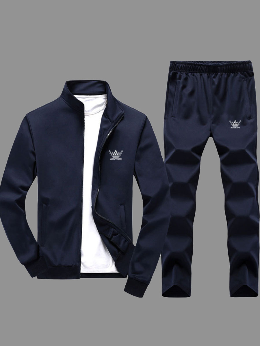 

Men lovely Sportswear Zipper Design Deep Blue Two-piece Pants Set