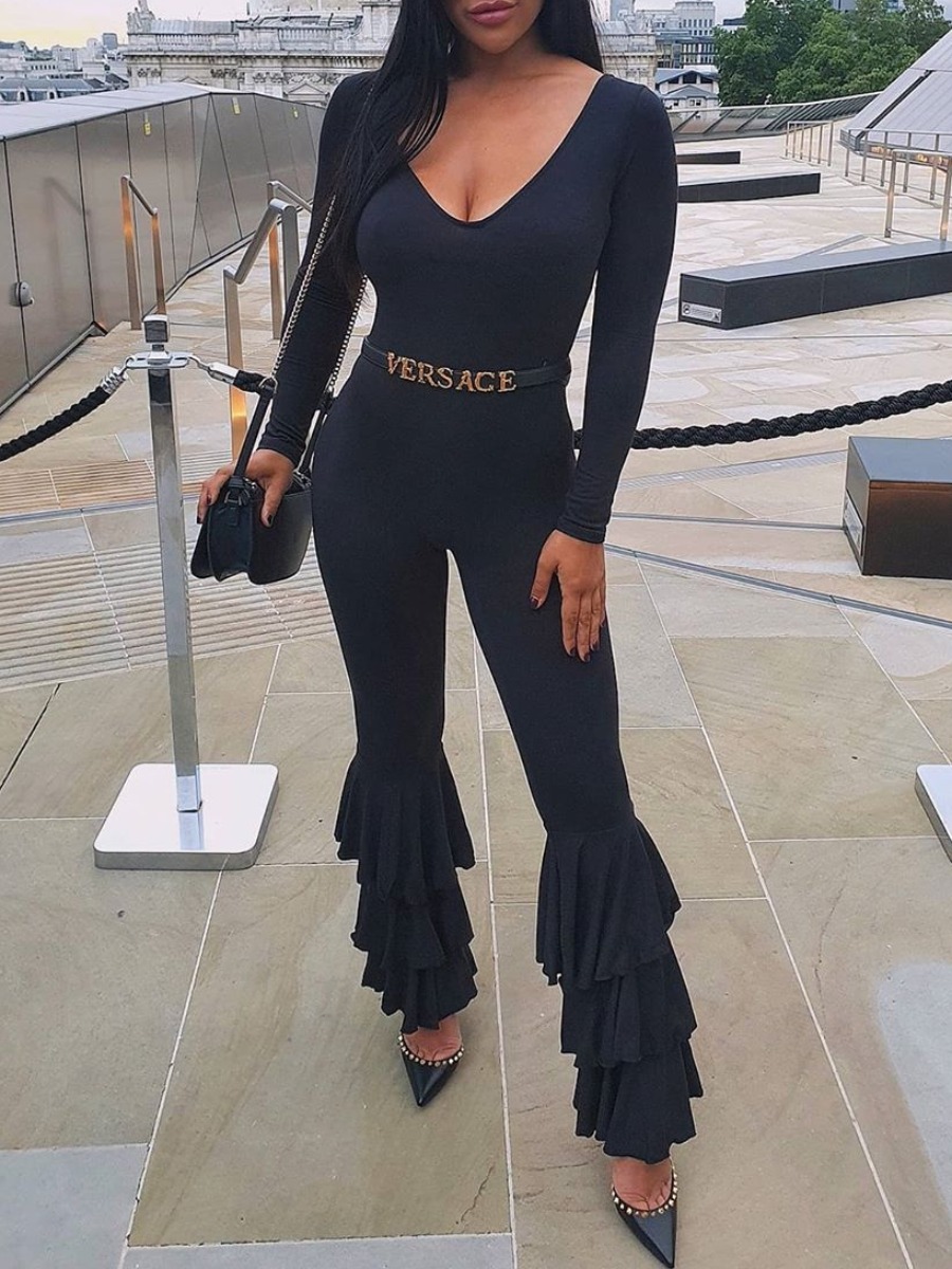 

lovely Trendy V Neck Flounce Design Black One-piece Jumpsuit