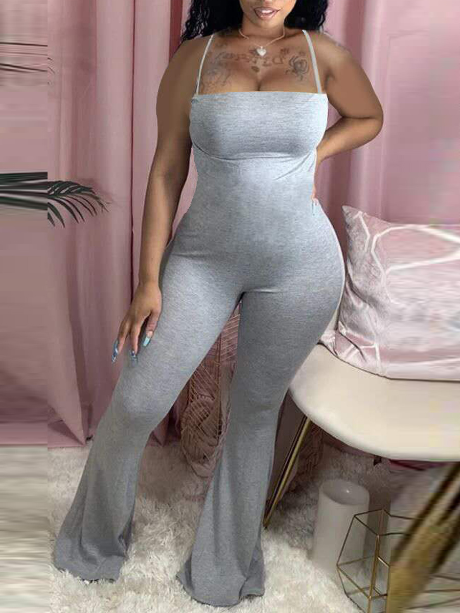 

lovely Trendy Spaghetti Strap Basic Skinny Grey One-piece Jumpsuit