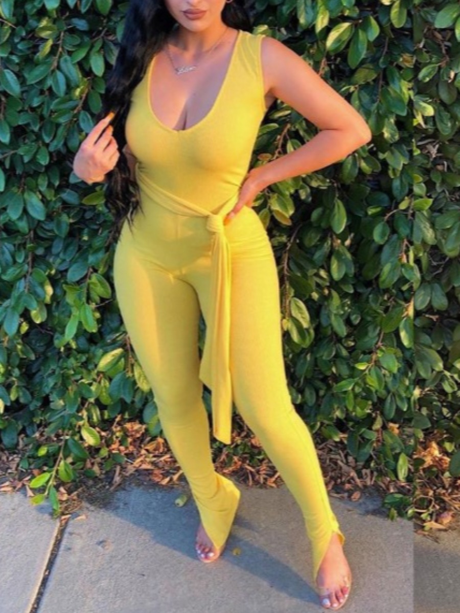 

lovely Sportswear U Neck Lace-up Yellow One-piece Jumpsuit