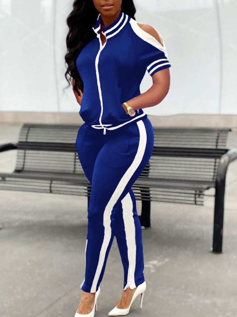 

LW Sportswear Hollow-out Patchwork Dark Blue Two Piece Pants Set