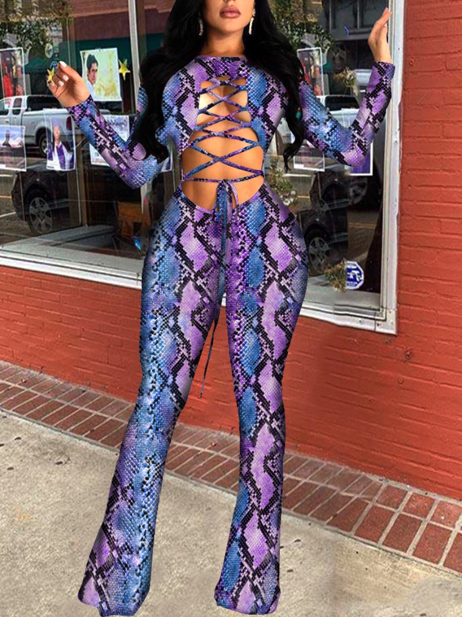 

lovely Trendy Snakeskin Print Bandage Design Purple One-piece Jumpsuit