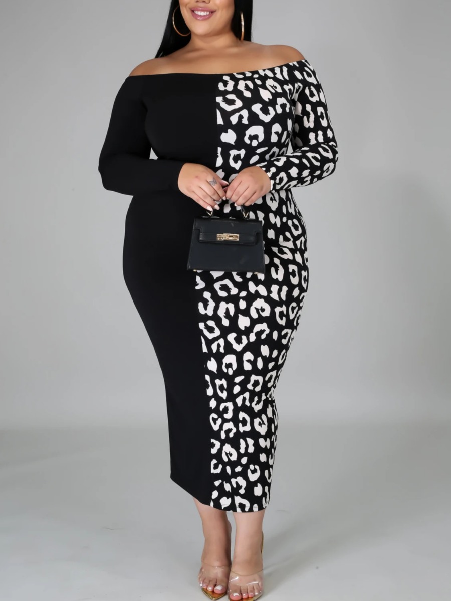 

Lovely Casual Dew Shoulder Print Patchwork Black Mid Calf Plus Size Dress