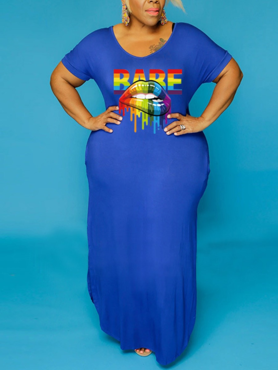 

lovely Casual Lip Print Blue Maxi Plus Size Dress