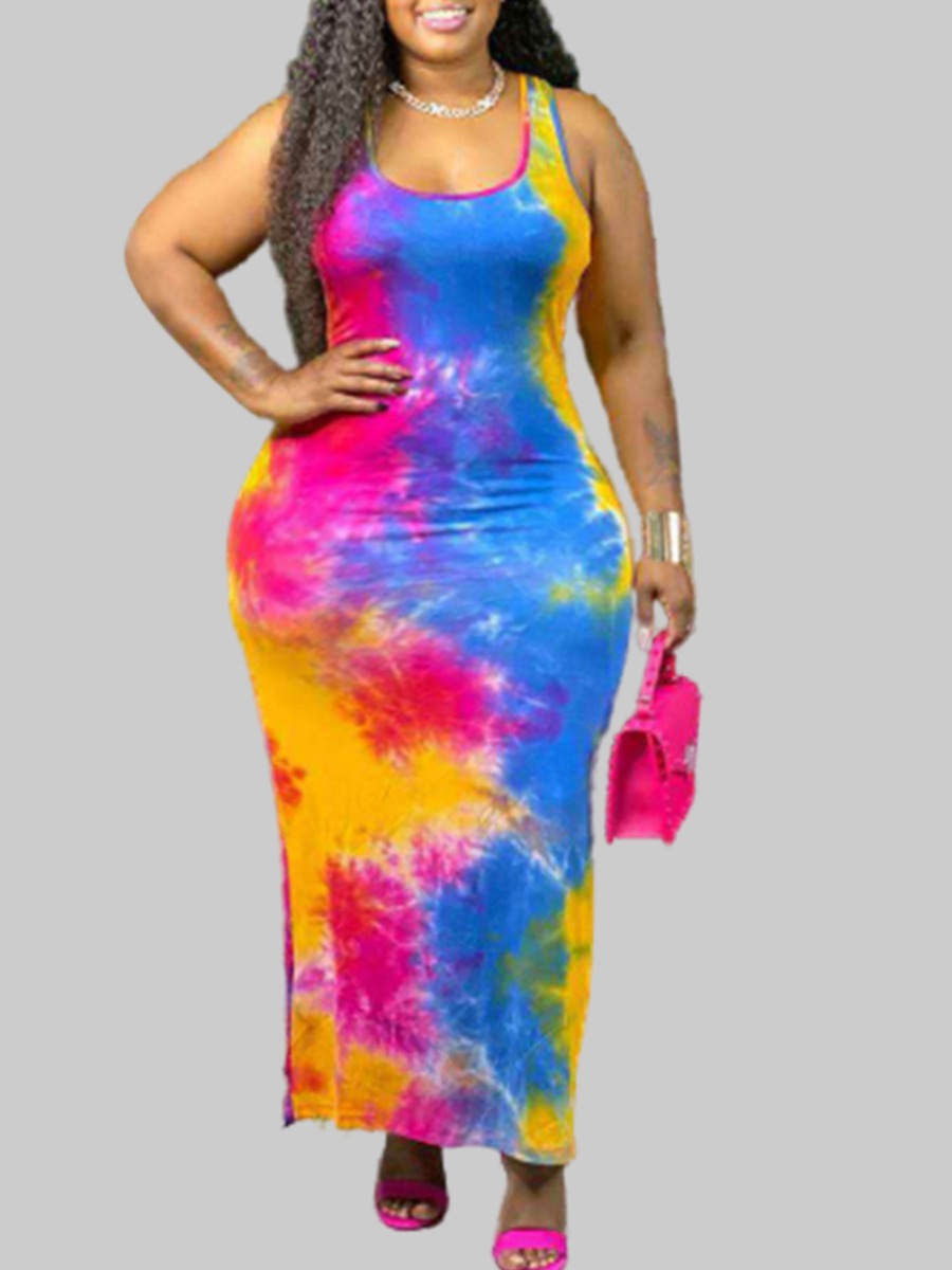 

lovely Trendy U Neck Tie-dye Multicolor Maxi Plus Size Dress, Multi