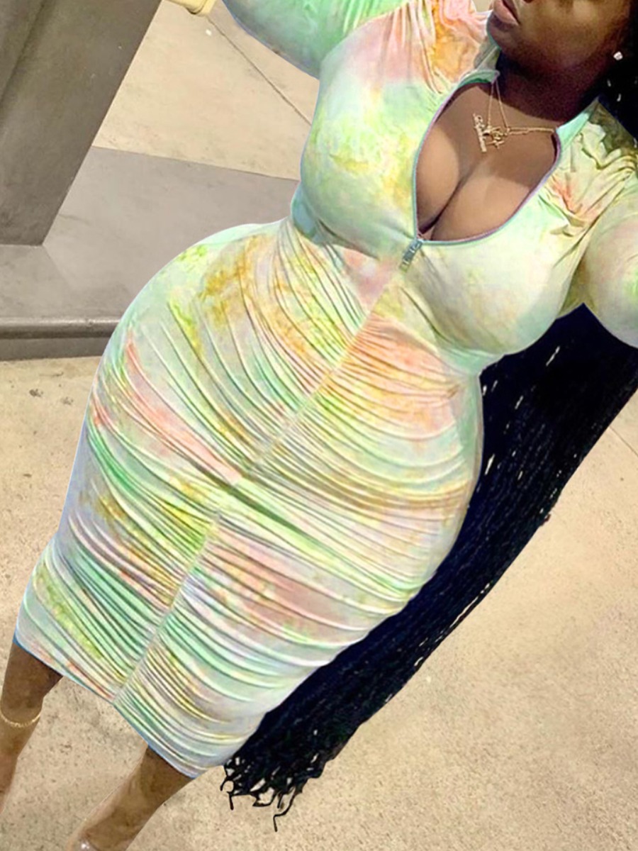 

lovely Trendy Tie-dye Zipper Design Green Mid Calf Plus Size Dress
