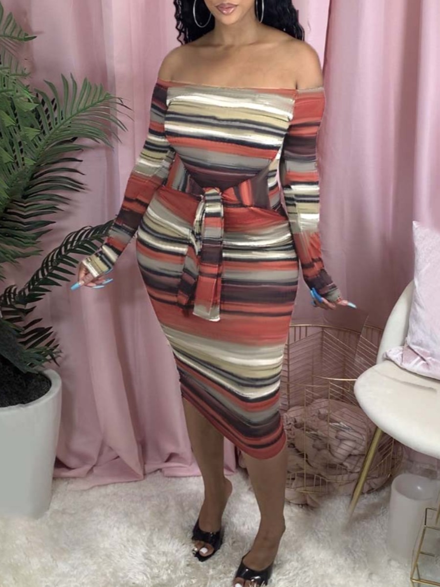 

lovely Trendy Dew Shoulder Striped Red Mid Calf Dress(Batch Striped Print, Red stripe