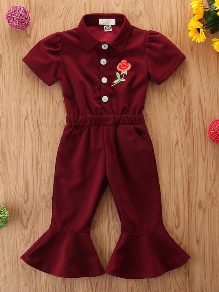 

lovely Trendy Turndown Collar Buttons Design Red Girl One-piece Jumpsuit