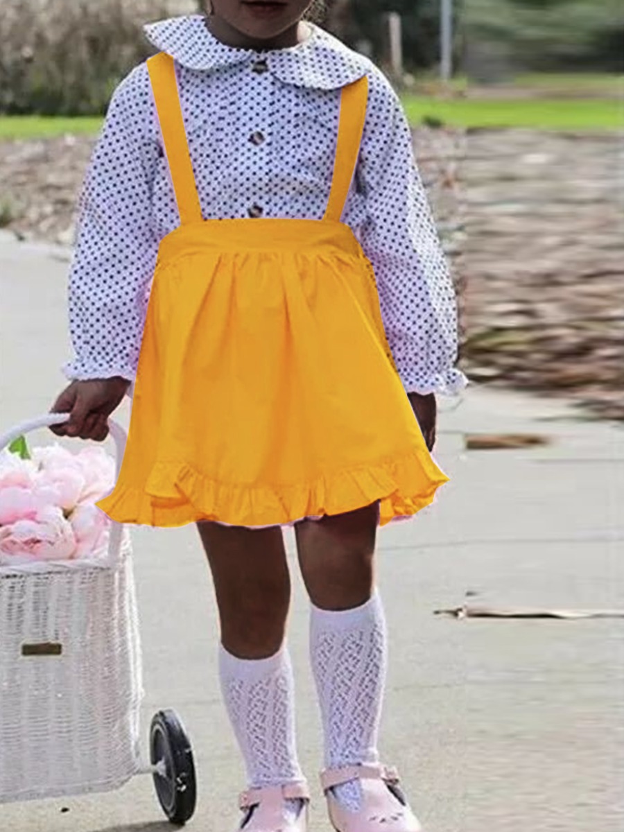 

lovely Sweet Turndown Collar Dot Print Yellow Girl Two-piece Skirt Set