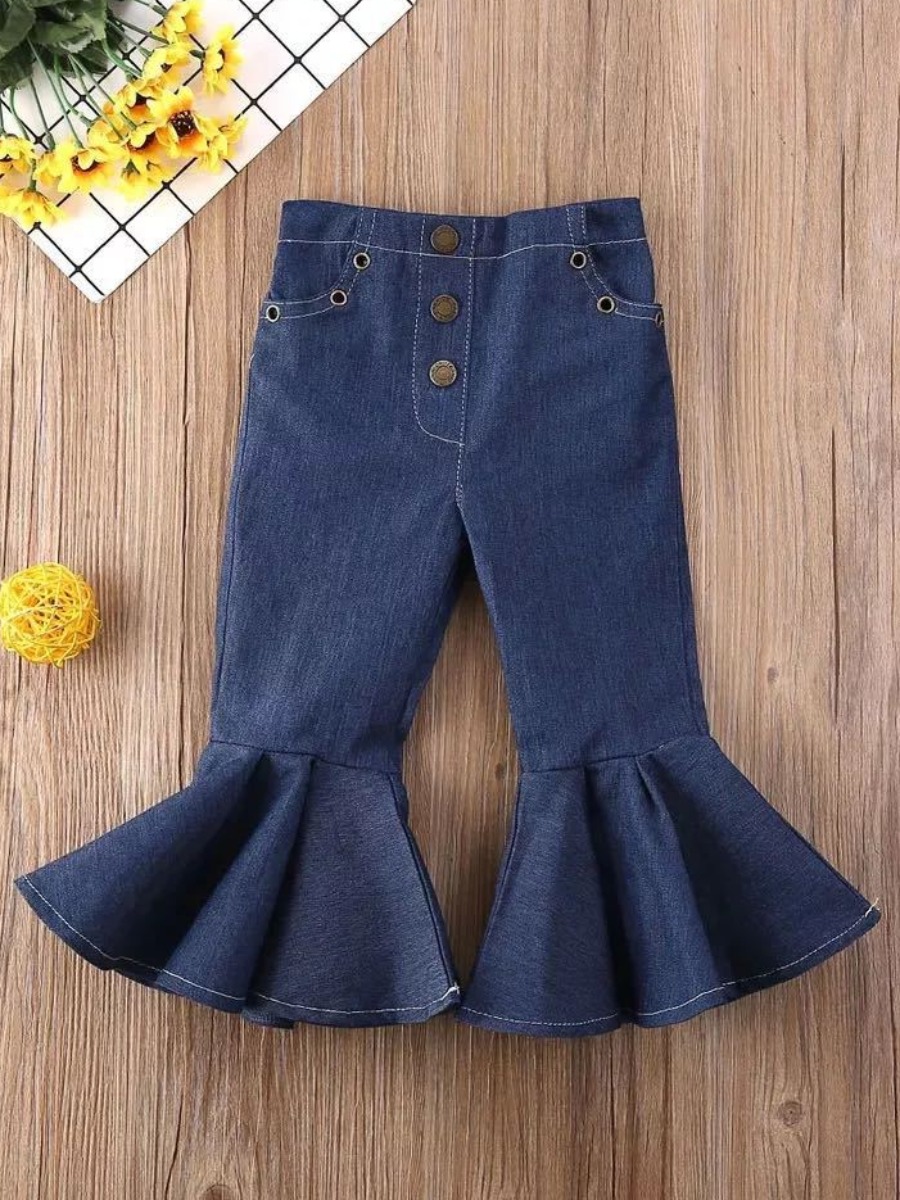 

lovely Trendy Buttons Design Flared Blue Girl Pants