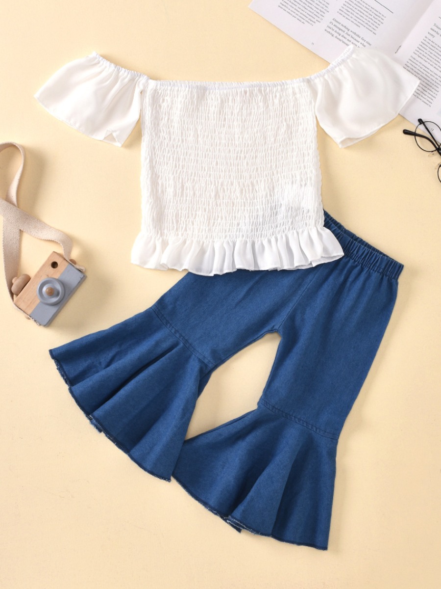 

lovely Trendy Flounce Design Flared White Girl Two-piece Pants Set