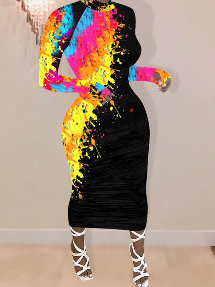 

LW Casual Graffiti Print Yellow Mid Calf Dress