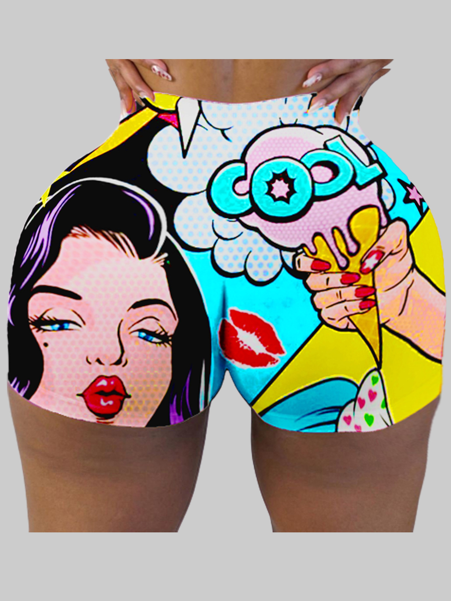 

Lovely Casual Print Skinny Blue Plus Size Shorts