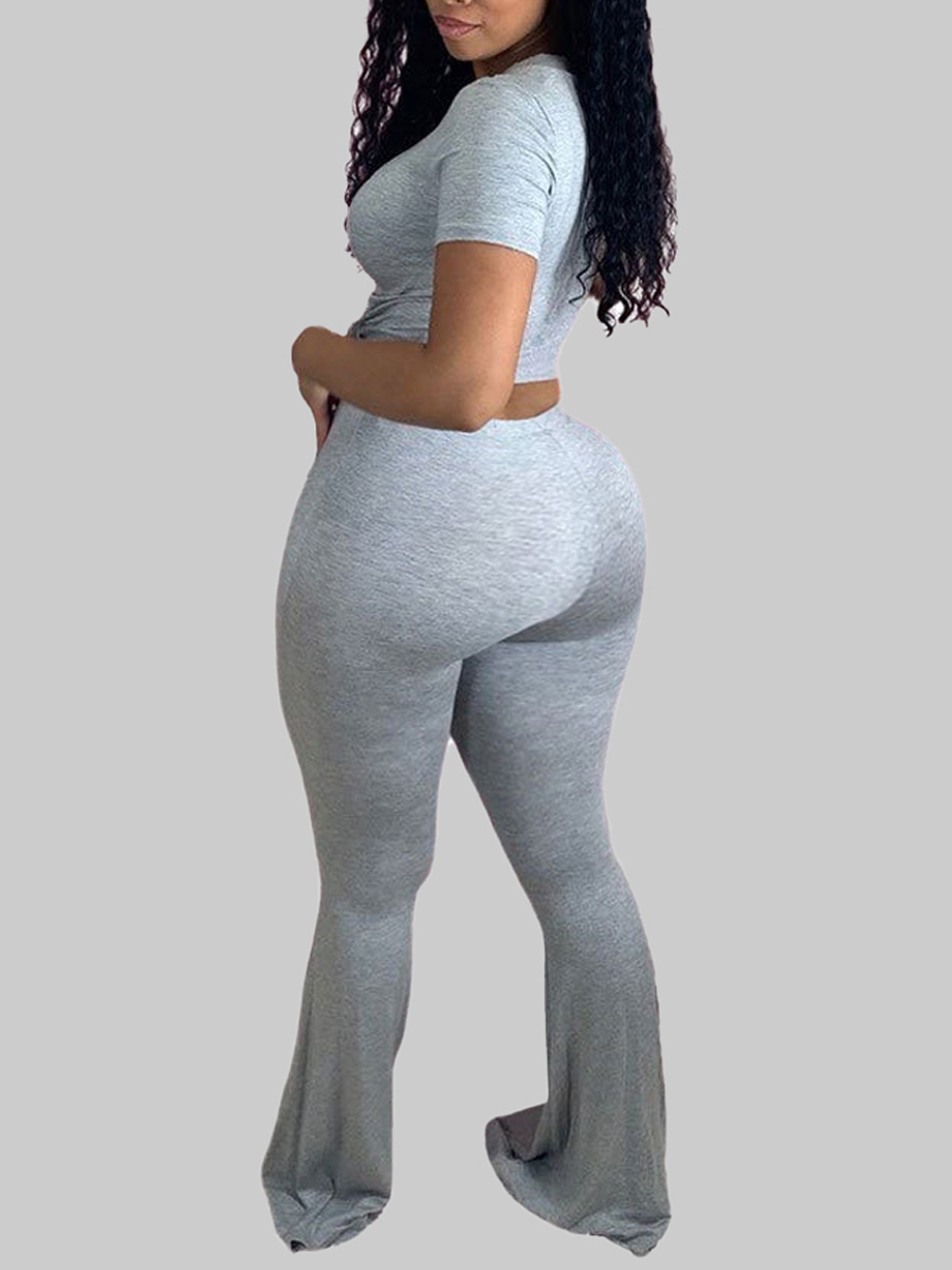 

Lovely Casual O Neck Basic Skinny Grey Plus Size Two-piece Pants Set