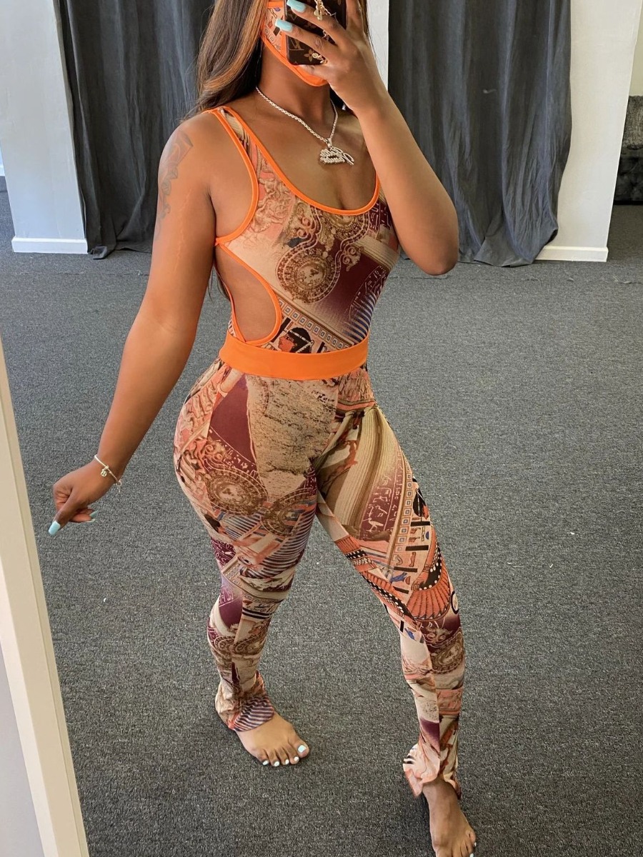 

lovely Sportswear U Neck Print Khaki Two Piece Pants Set