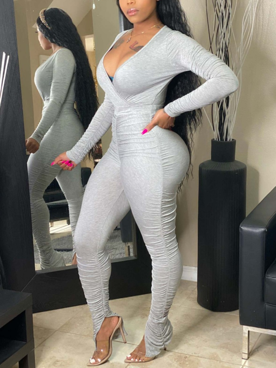 

lovely Sexy V Neck Fold Design Grey Two Piece Pants Set