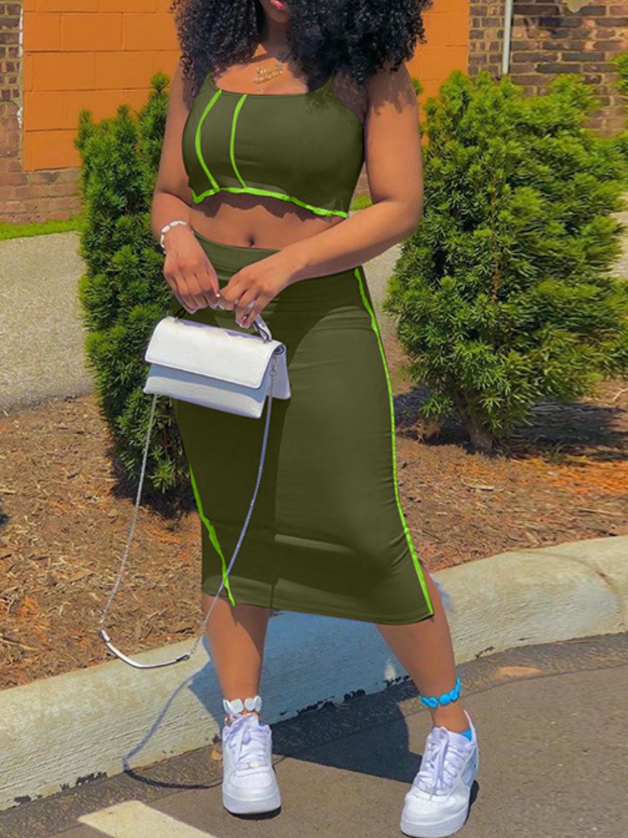 

lovely Stylish Spaghetti Strap Patchwork Army Green Two Piece Skirt Set