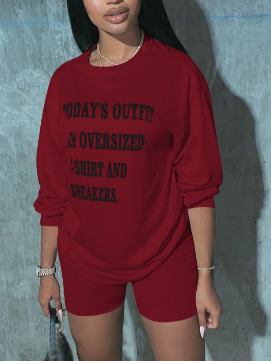 

Lovely Leisure O Neck Letter Print Wine Red Two Piece Shorts Set