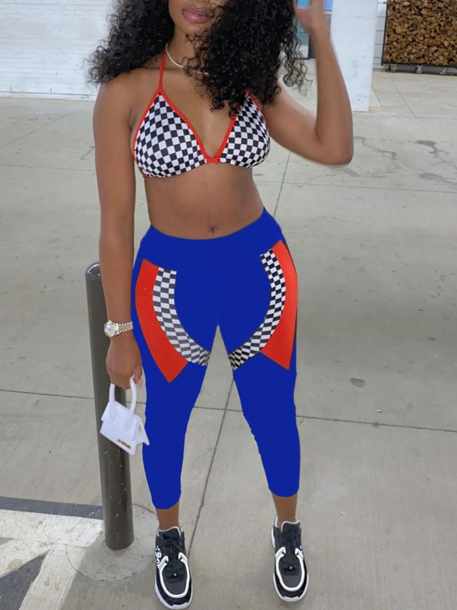 

lovely Sportswear Backless Print Patchwork Blue Two Piece Pants Set