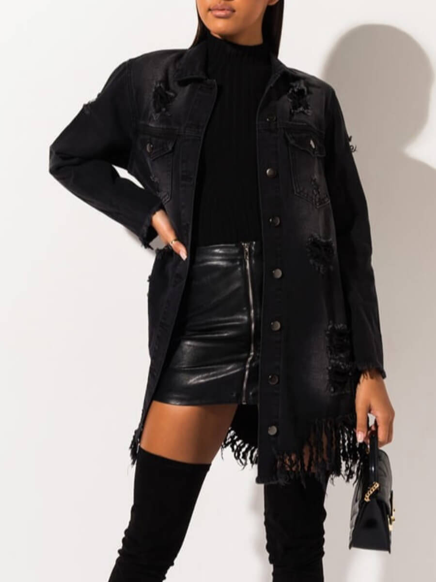 

Lovely Street Turndown Collar Hollow-out Black Denim Jacket