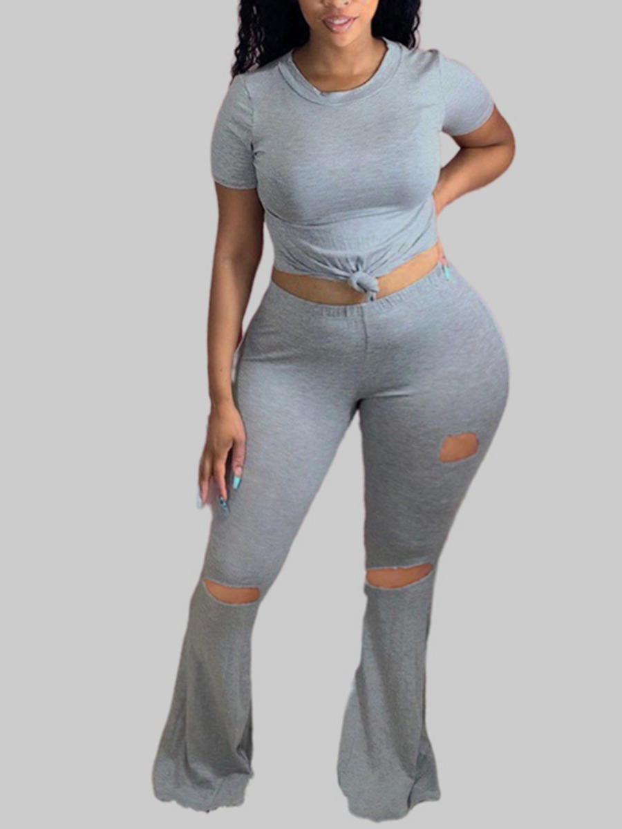 

Lovely Casual O Neck Broken Holes Grey Plus Size Two-piece Pants Set