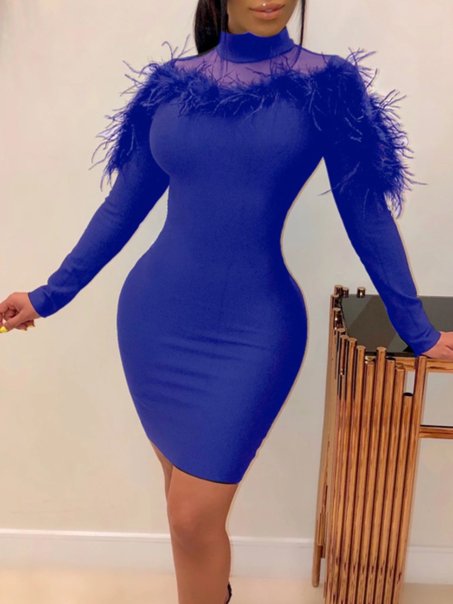 

lovely Sexy O Neck Patchwork Zipper Design Bue Mini Dress, Blue