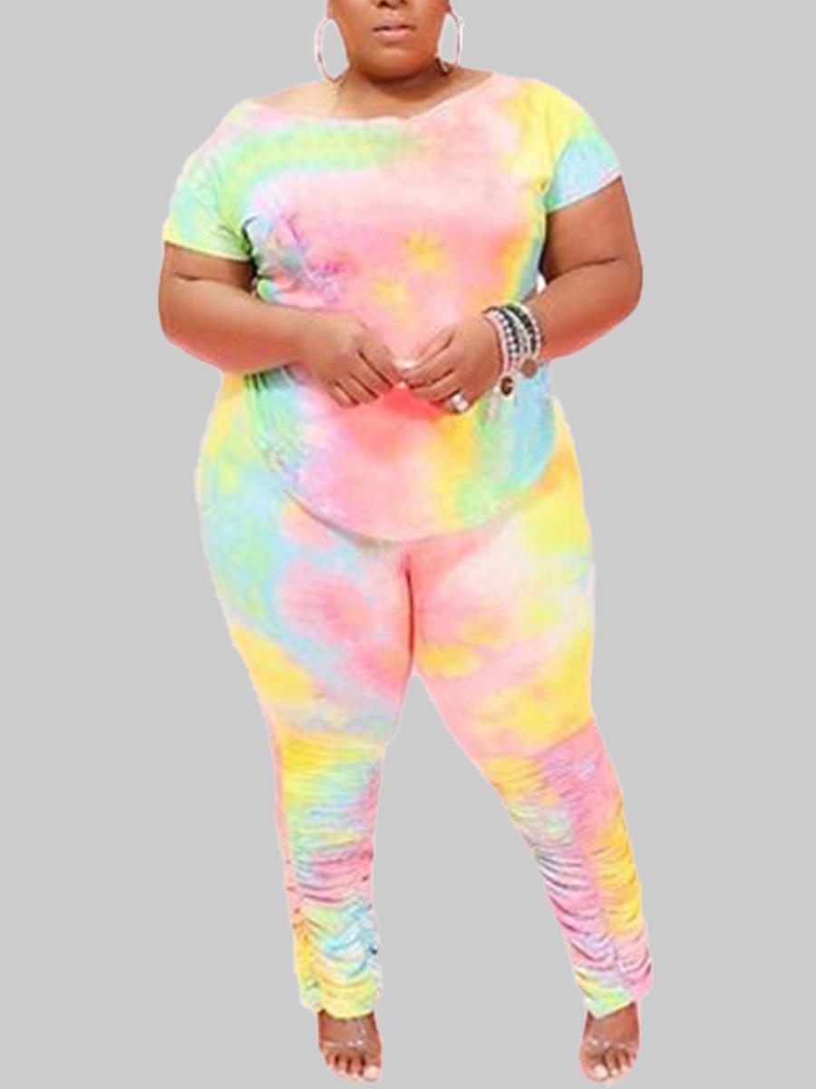 

lovely Trendy V Neck Tie-dye Yellow Plus Size Two-piece Pants Set