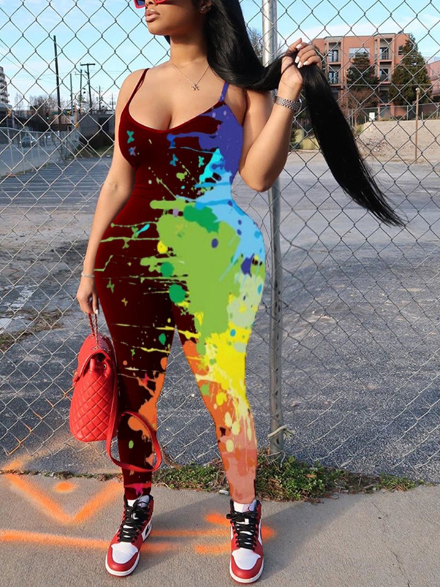 

lovely Trendy Spaghetti Strap Graffiti Print Red Plus Size One-piece Jumpsuit