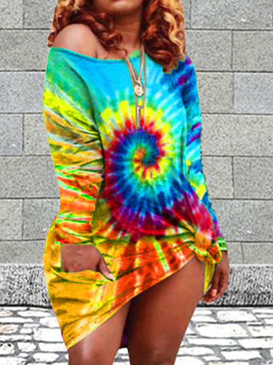 

Lovely Street O Neck Tie-dye Blue Knee Length Plus Size Dress