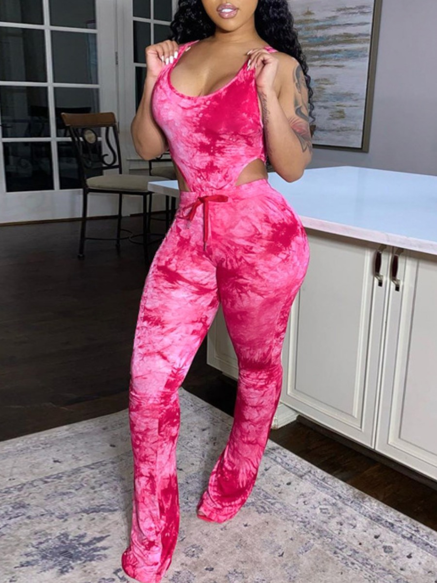 

lovely Sportswear Tie-dye Rose Red Two-piece Pants Set