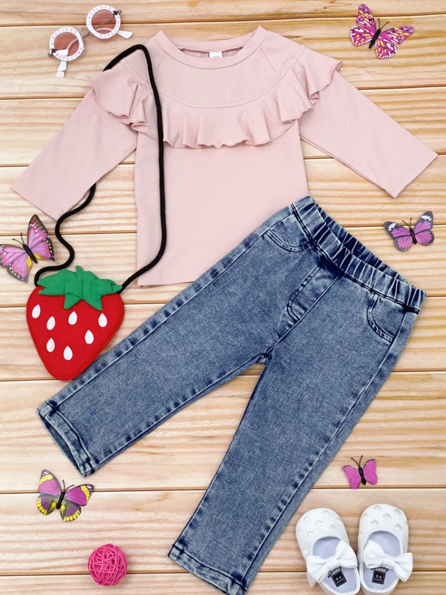 

lovely Sweet O Neck Flounce Design Pink Girl Two-piece Pants Set