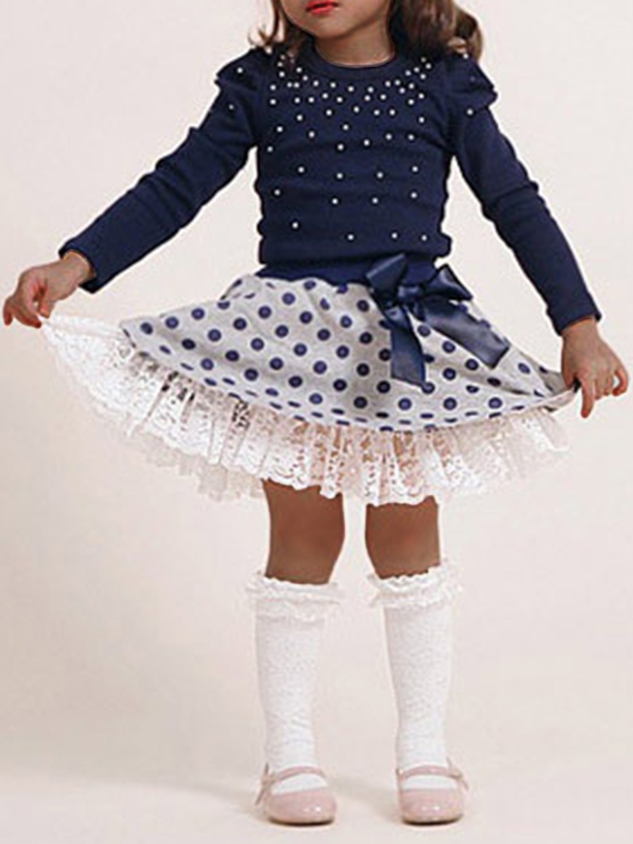 

lovely Sweet O Neck Dot Print Patchwork Dark Blue Girl Two-piece Skirt Set