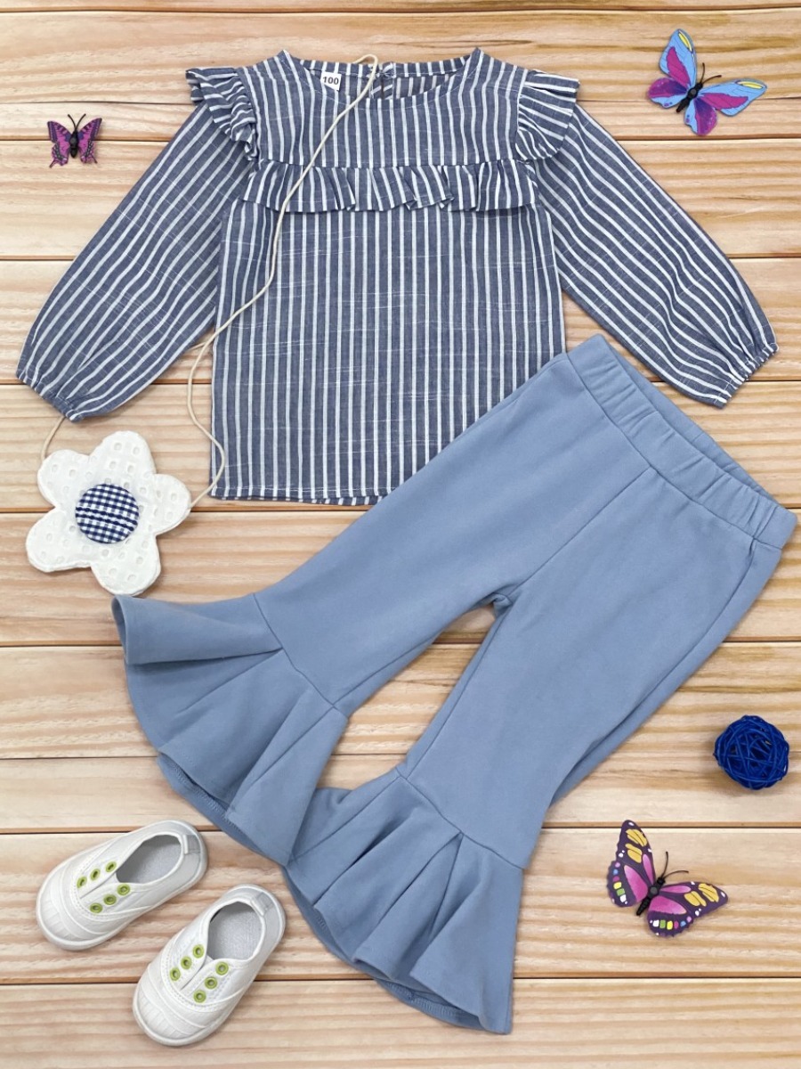 

lovely Sweet O Neck Striped Blue Girl Two-piece Pants Set