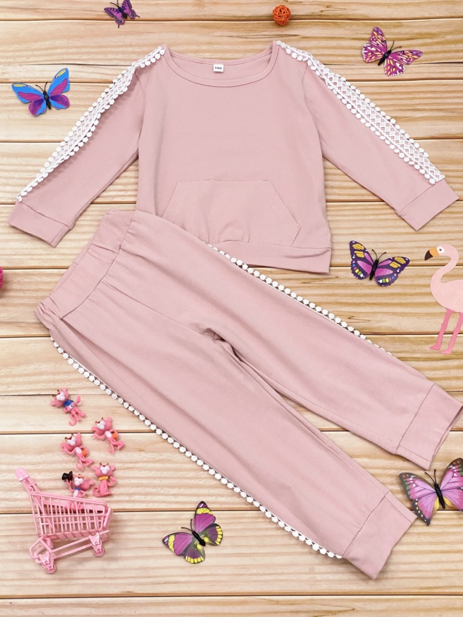 

lovely Leisure O Neck Patchwork Pink Girl Two-piece Pants Set