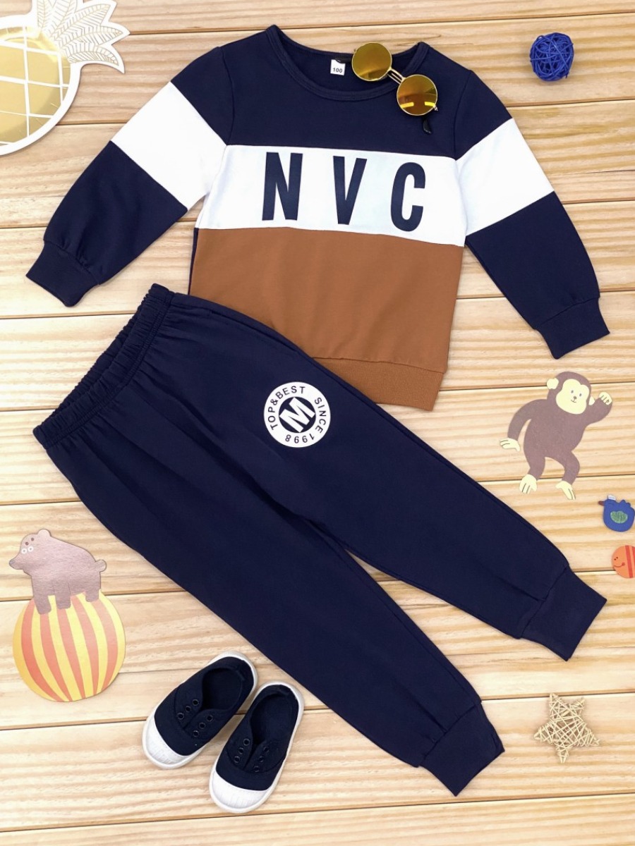 

lovely Casual O Neck Patchwork Deep Blue Boy Two-piece Pants Set