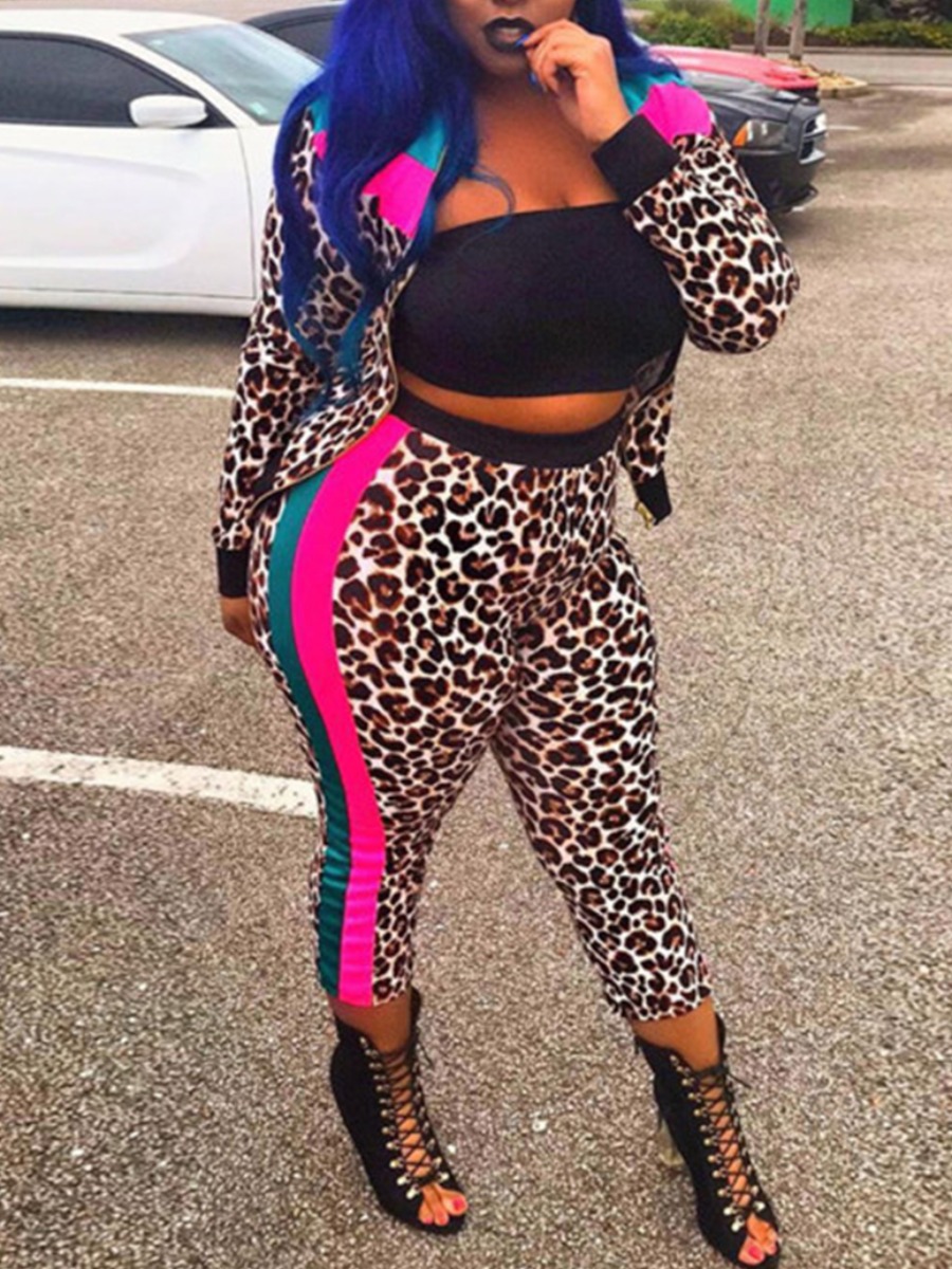 

lovely Trendy Leopard Print Patchwork Two Piece Pants Set