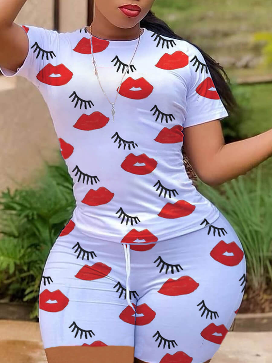 

LW Plus Size Leisure O Neck Lip Print White Two-piece Shorts Set