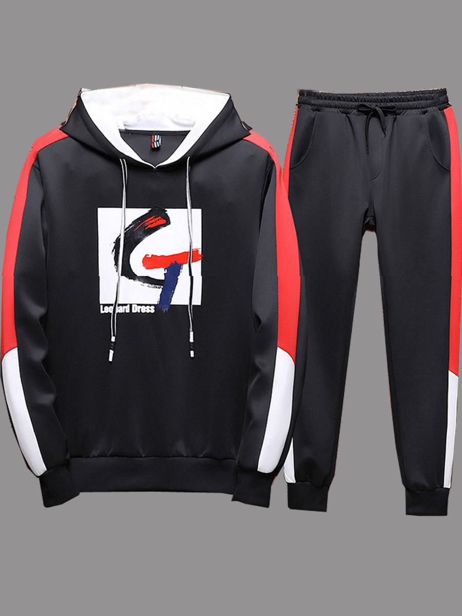 

lovely Street Hooded Collar Print Patchwork Black Men Two-piece Pants Set