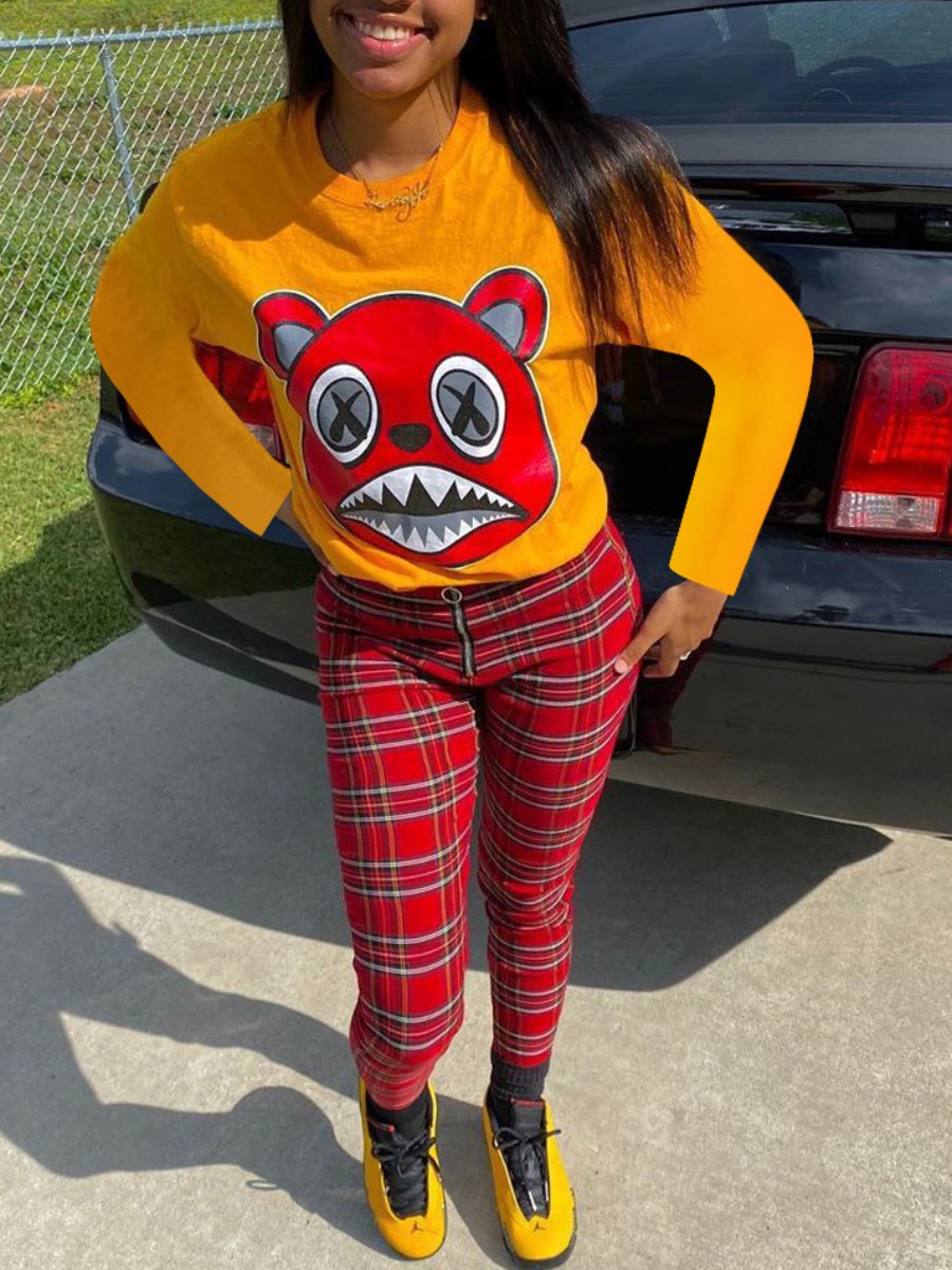 

lovely Casual O Neck Cartoon Print Yellow Two Piece Pants Set