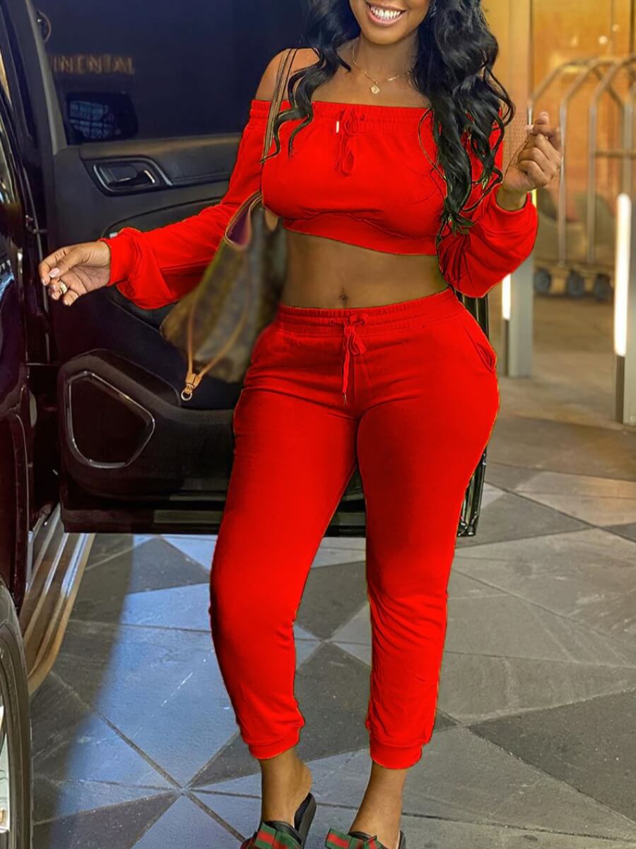 

LW Off The Shoulder Drawstring Pants Set, Red
