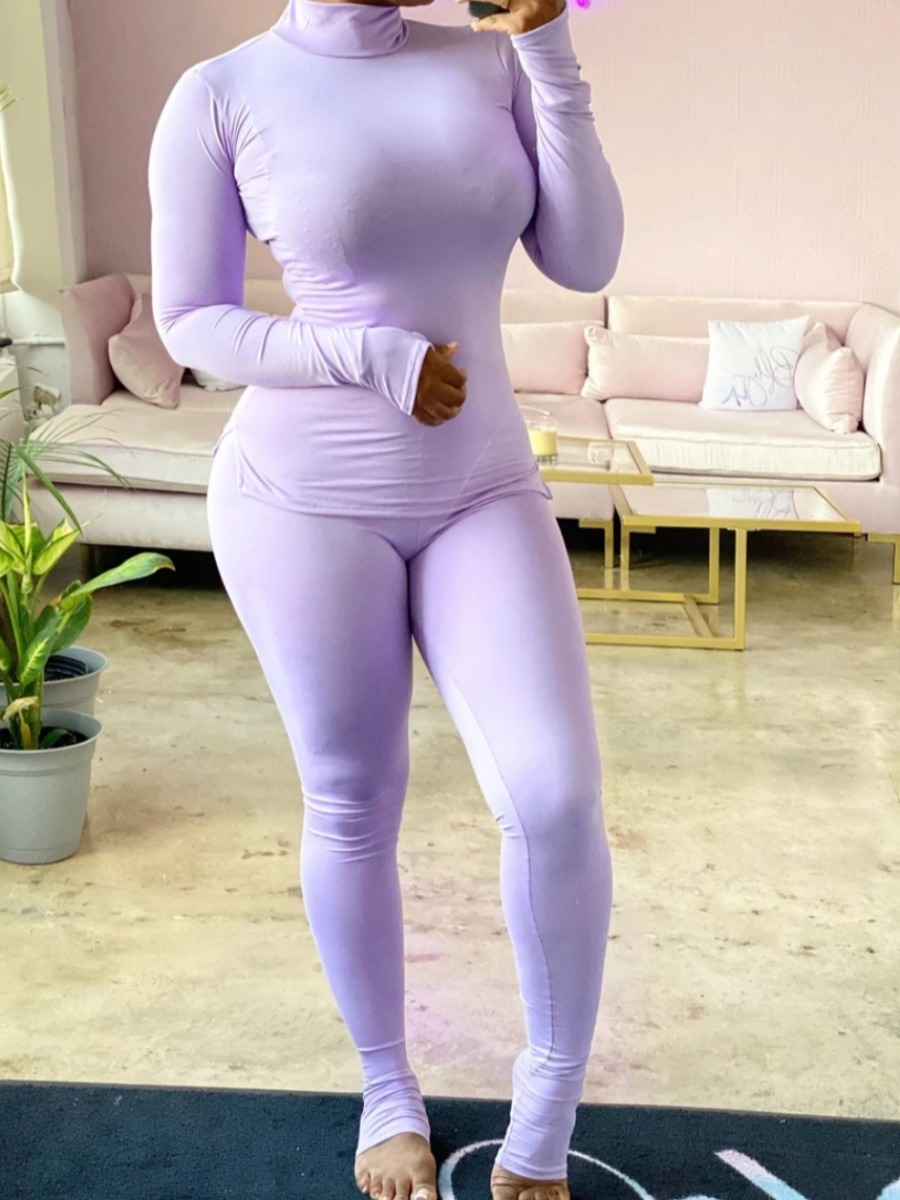 

lovely Sportswear Turtleneck Basic Skinny Purple Two Piece Pants Set