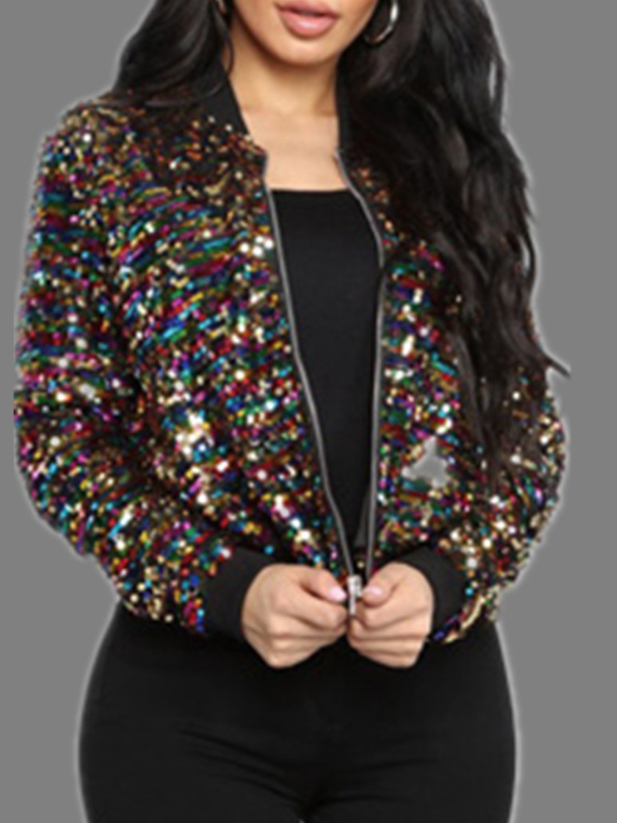 

lovely Casual Sequined Zipper Design Multicolor Jacket, Multi