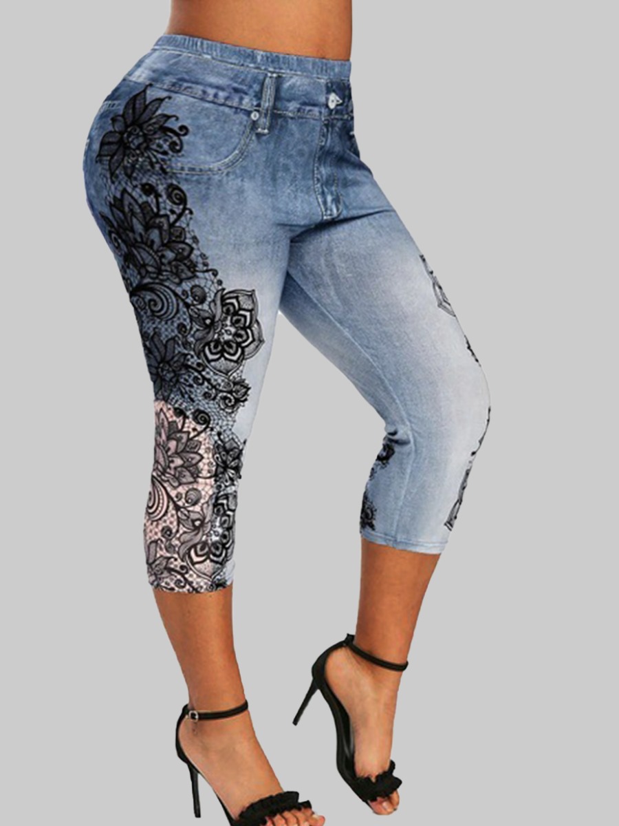 

lovely Sportswear Print Skinny Deep Blue Plus Size Pants